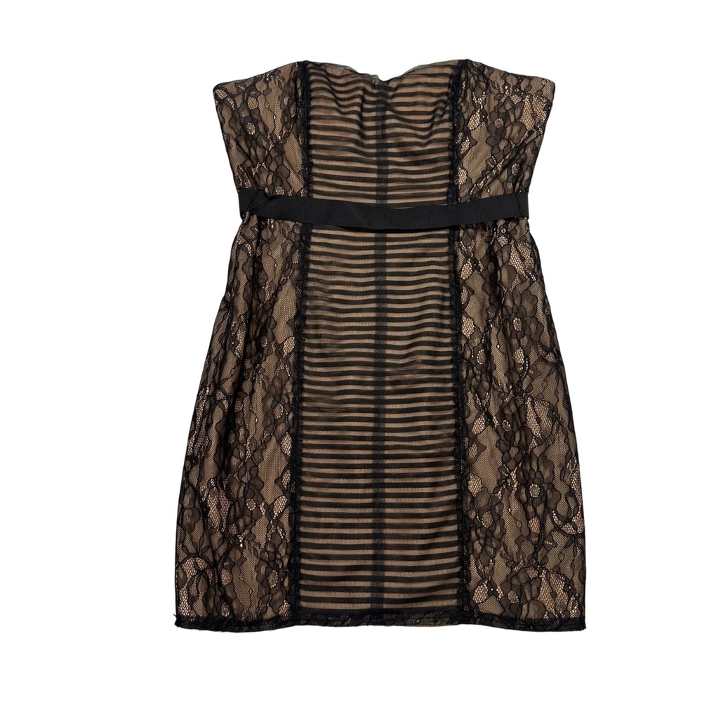 BCBGMAXAZRIA Black Lace Striped Strapless Mini Dress Sweetheart Size 12 Cocktail